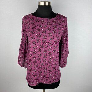 Ann Taylor Outlet Dark Pink Floral Print Short Bell Sleeves Women's XS Top